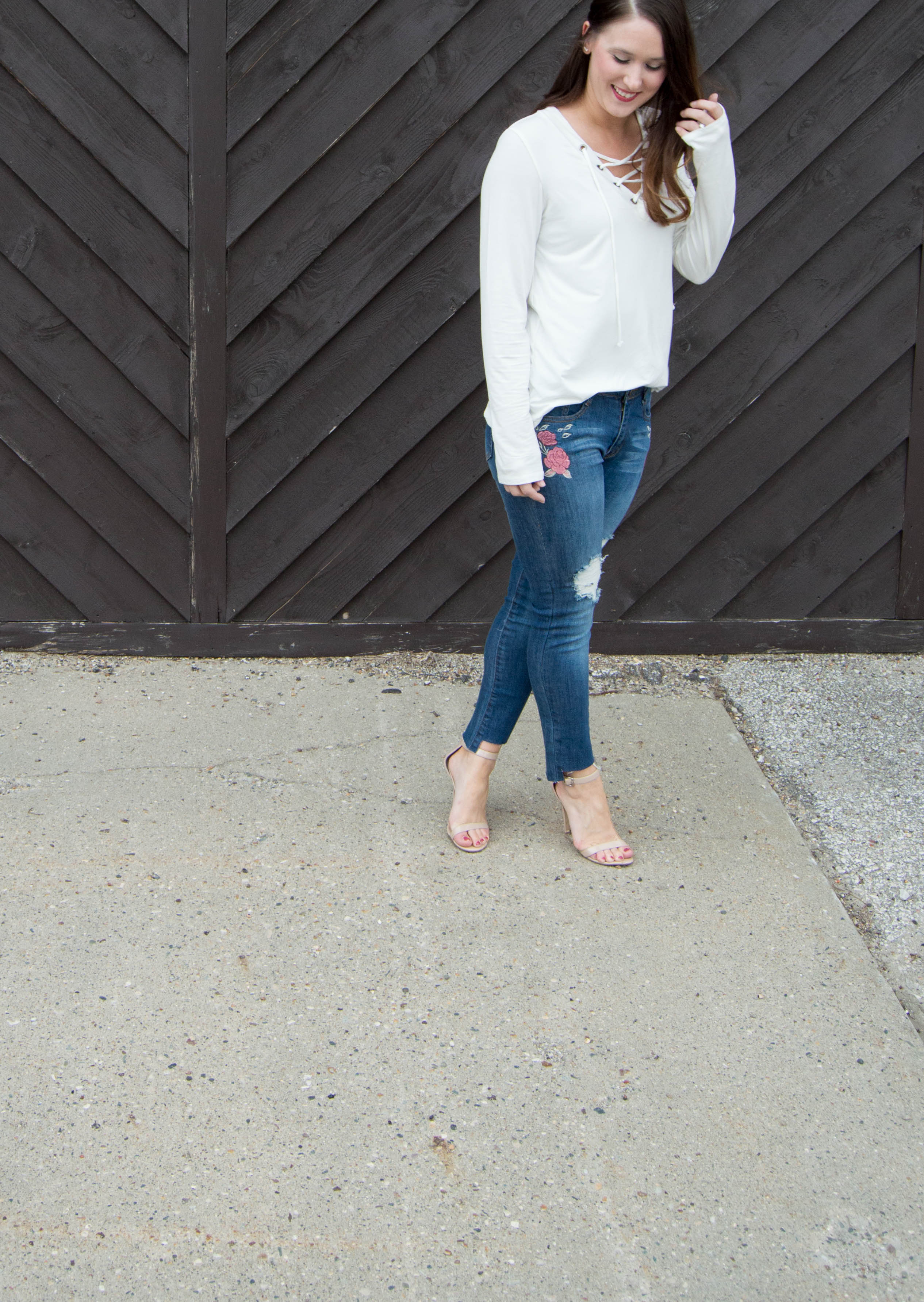 Embroidered Jeans + Lace Up Top - LuLus