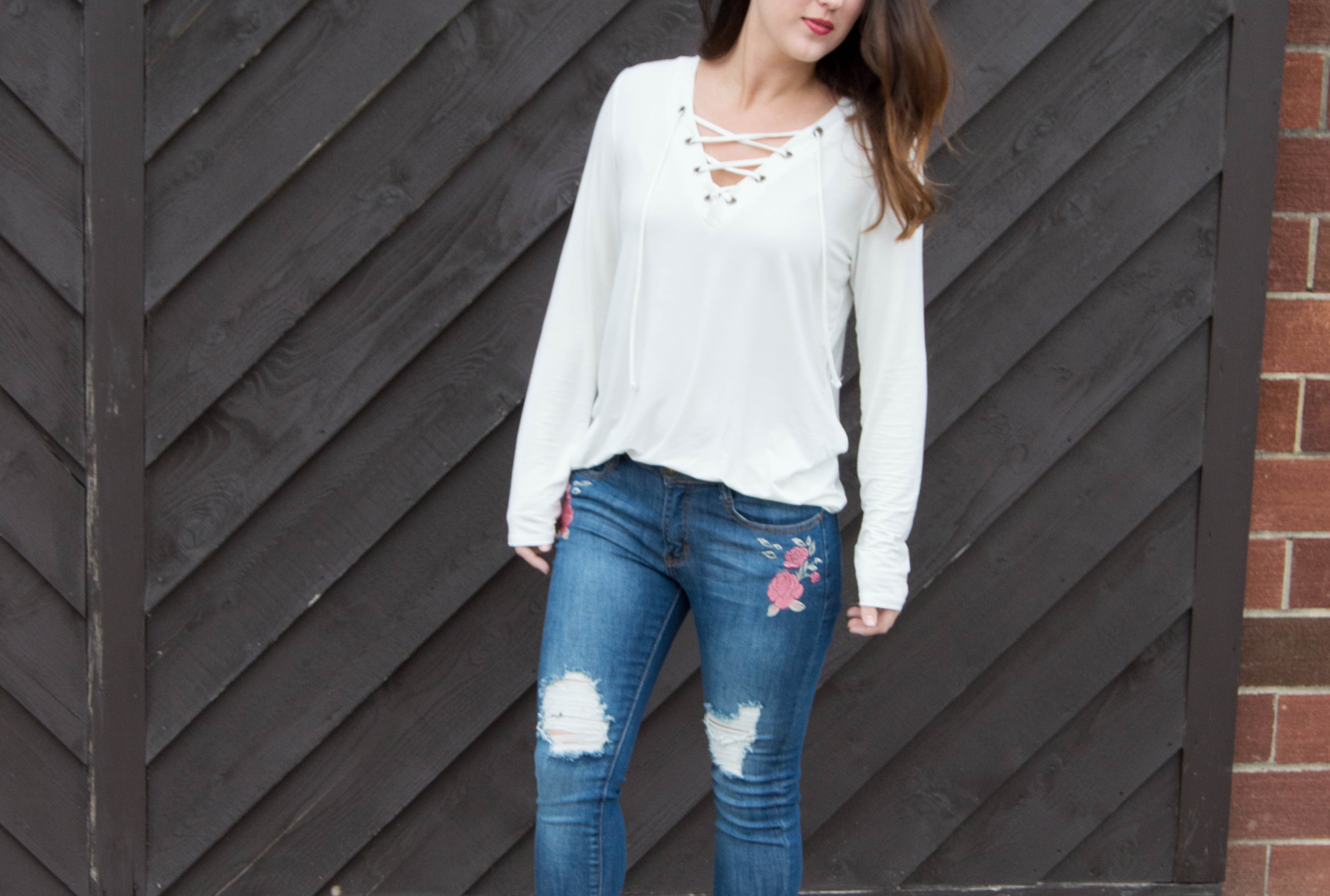 Embroidered Jeans + Lace Up Top - LuLus