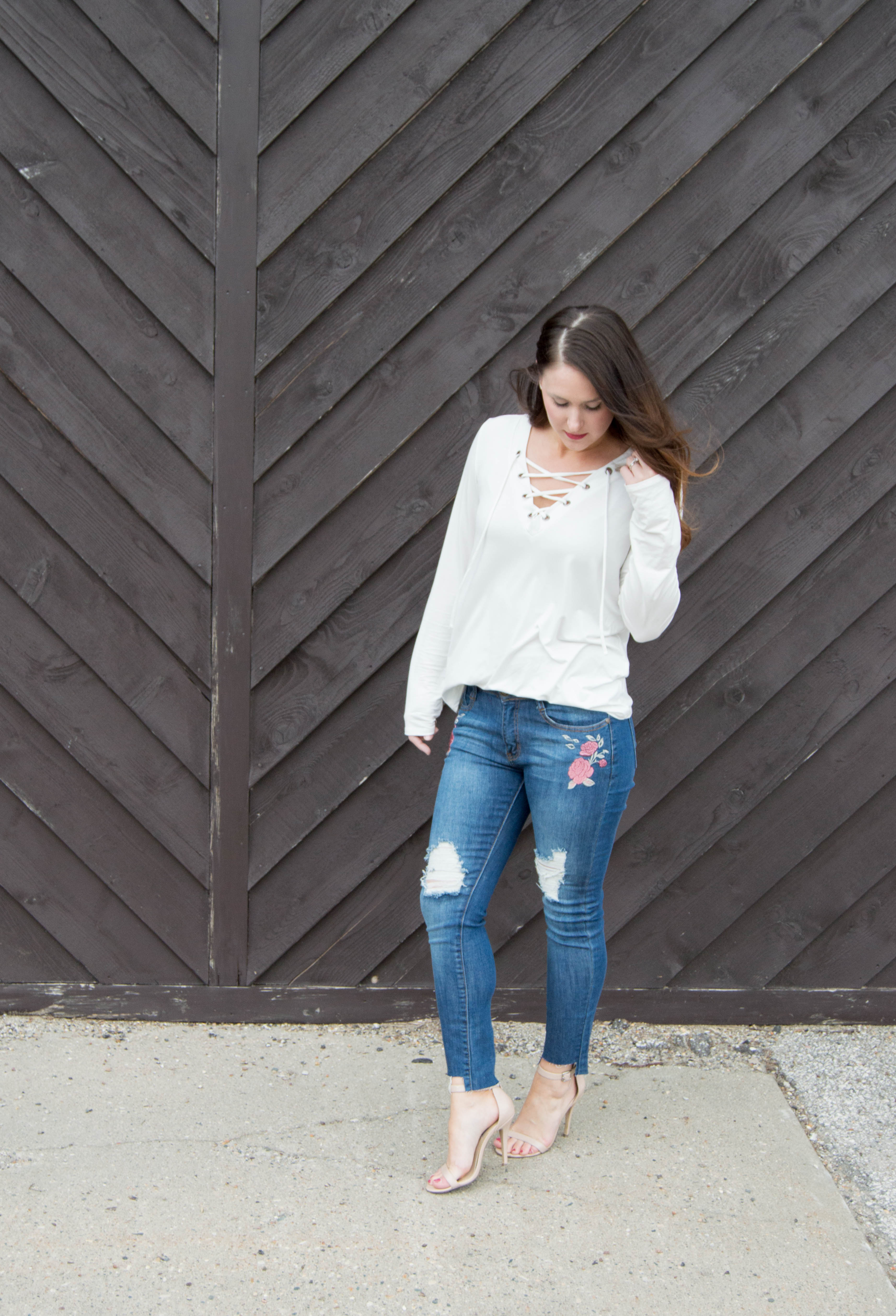 Embroidered Jeans + Lace Up Top - LuLus