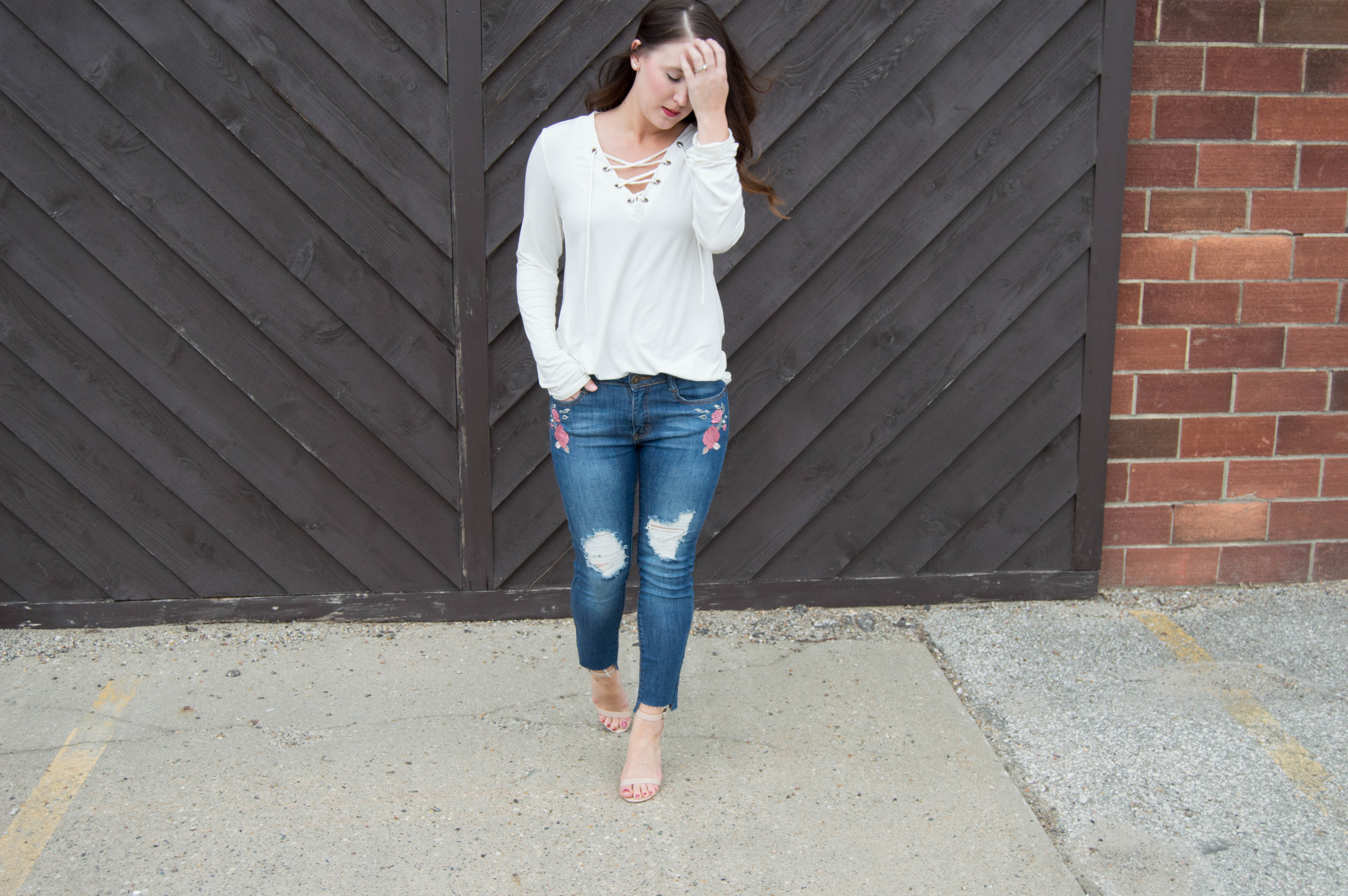 Embroidered Jeans + Lace Up Top - LuLus