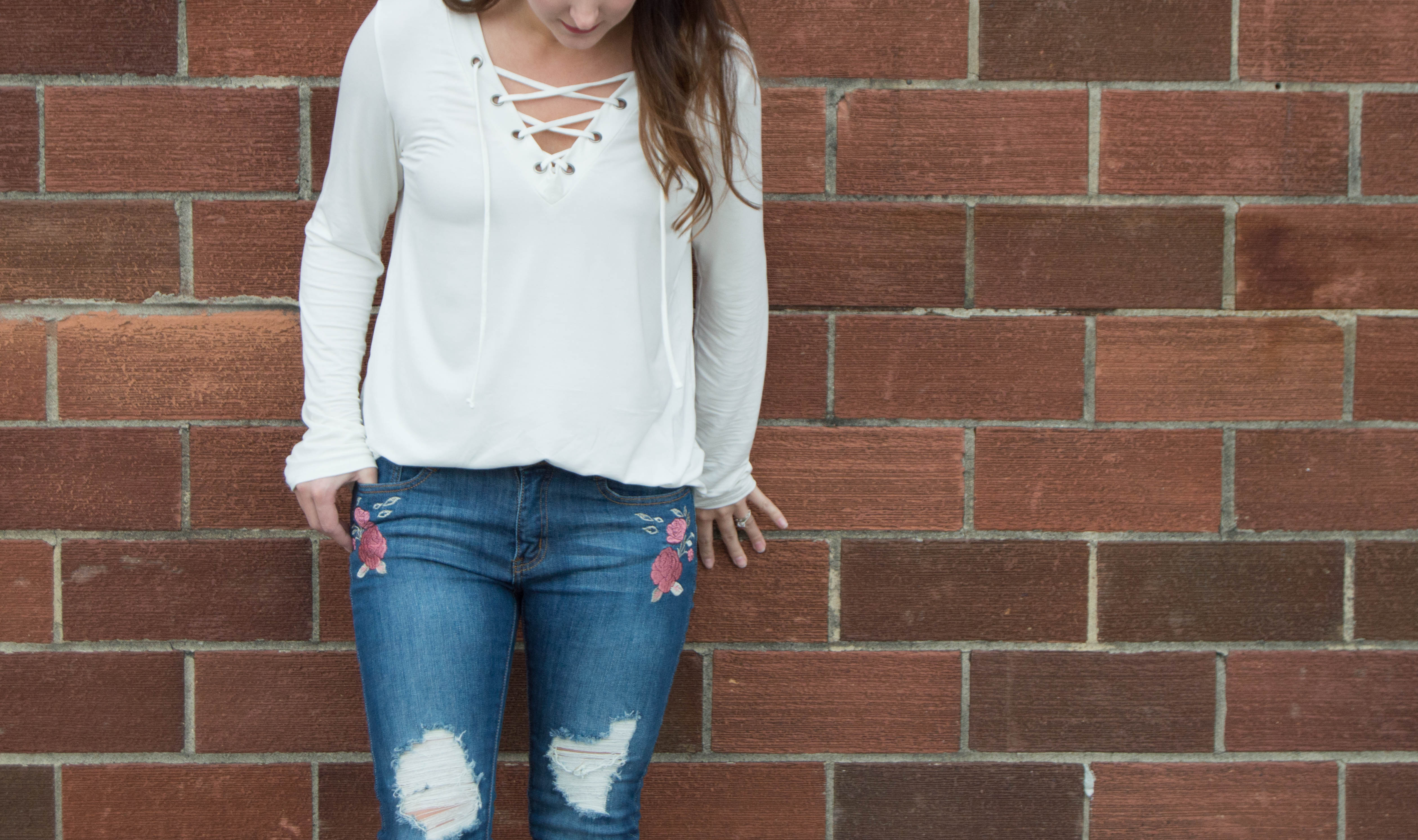 Embroidered Jeans + Lace Up Top - LuLus