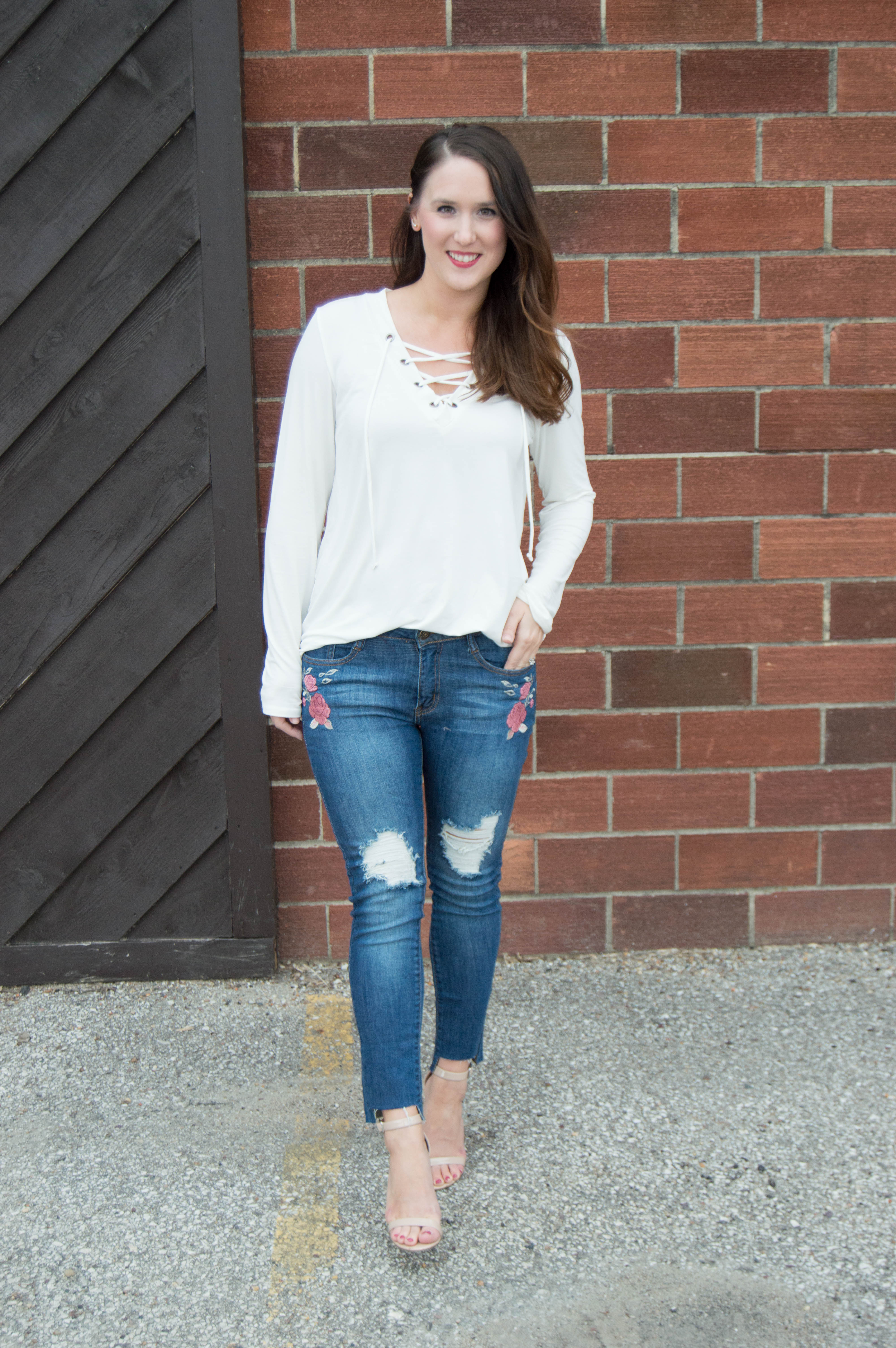 Embroidered Jeans + Lace Up Top - LuLus