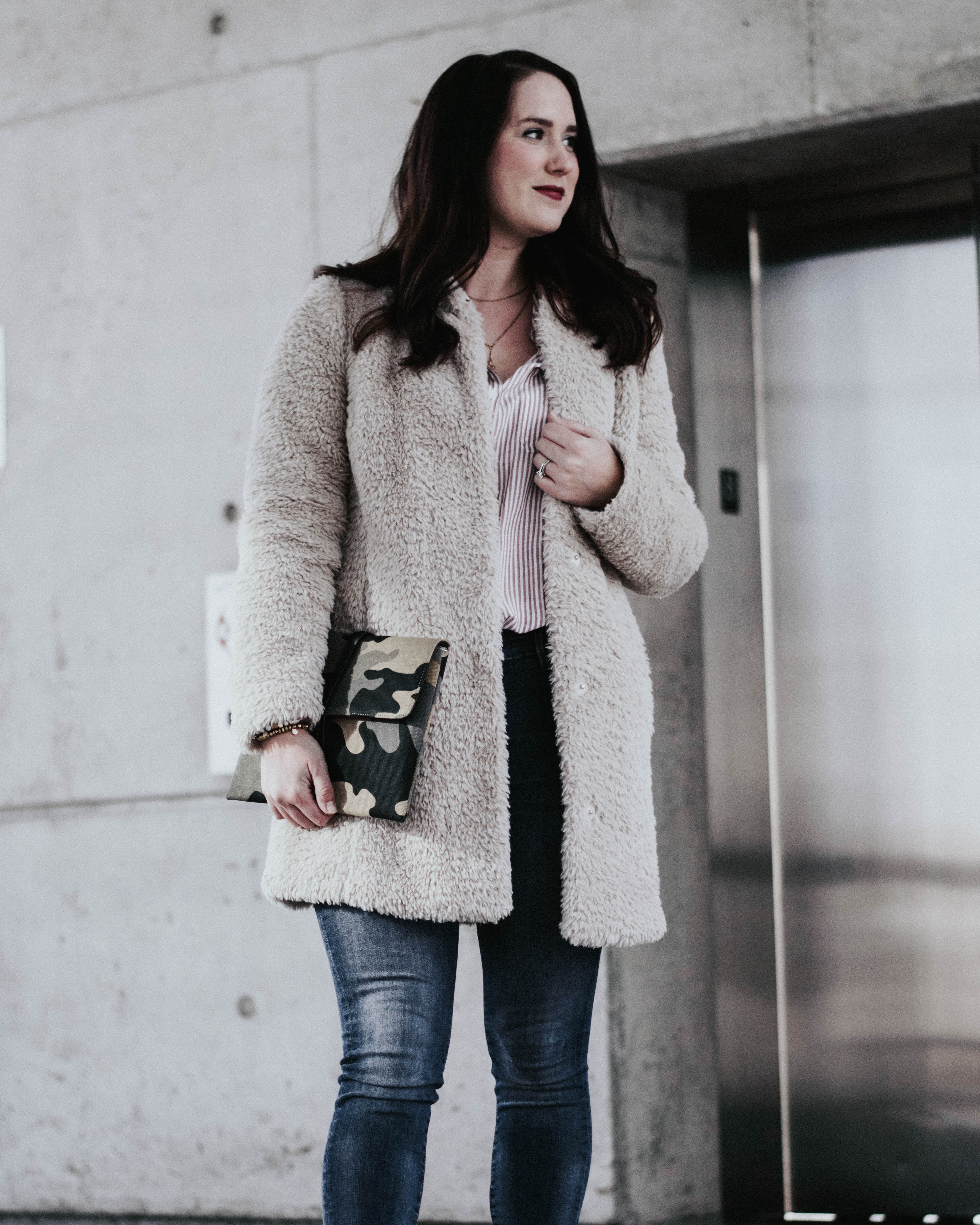 faux fur jacket - spring transition outfits