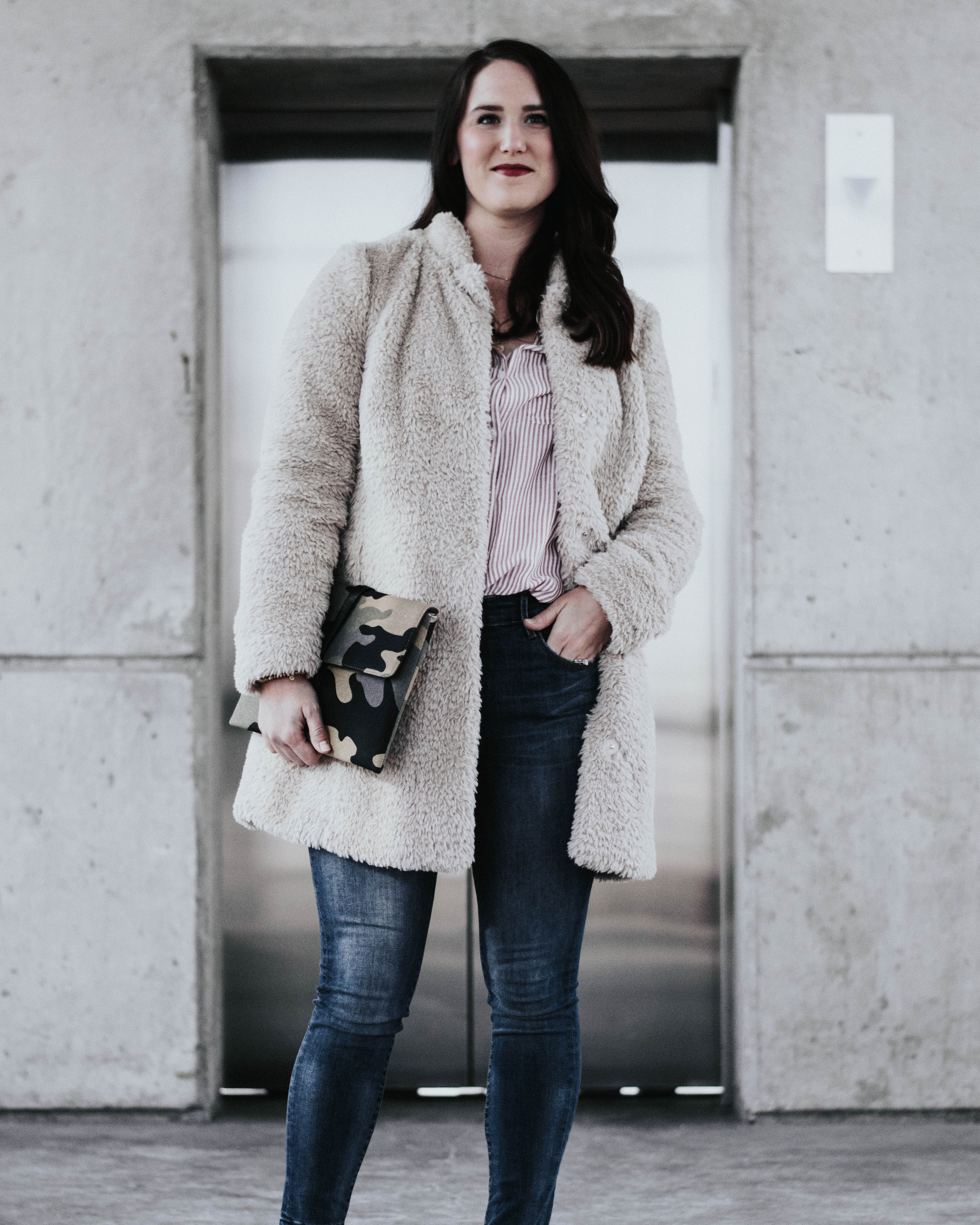 faux fur jacket - spring transition outfits
