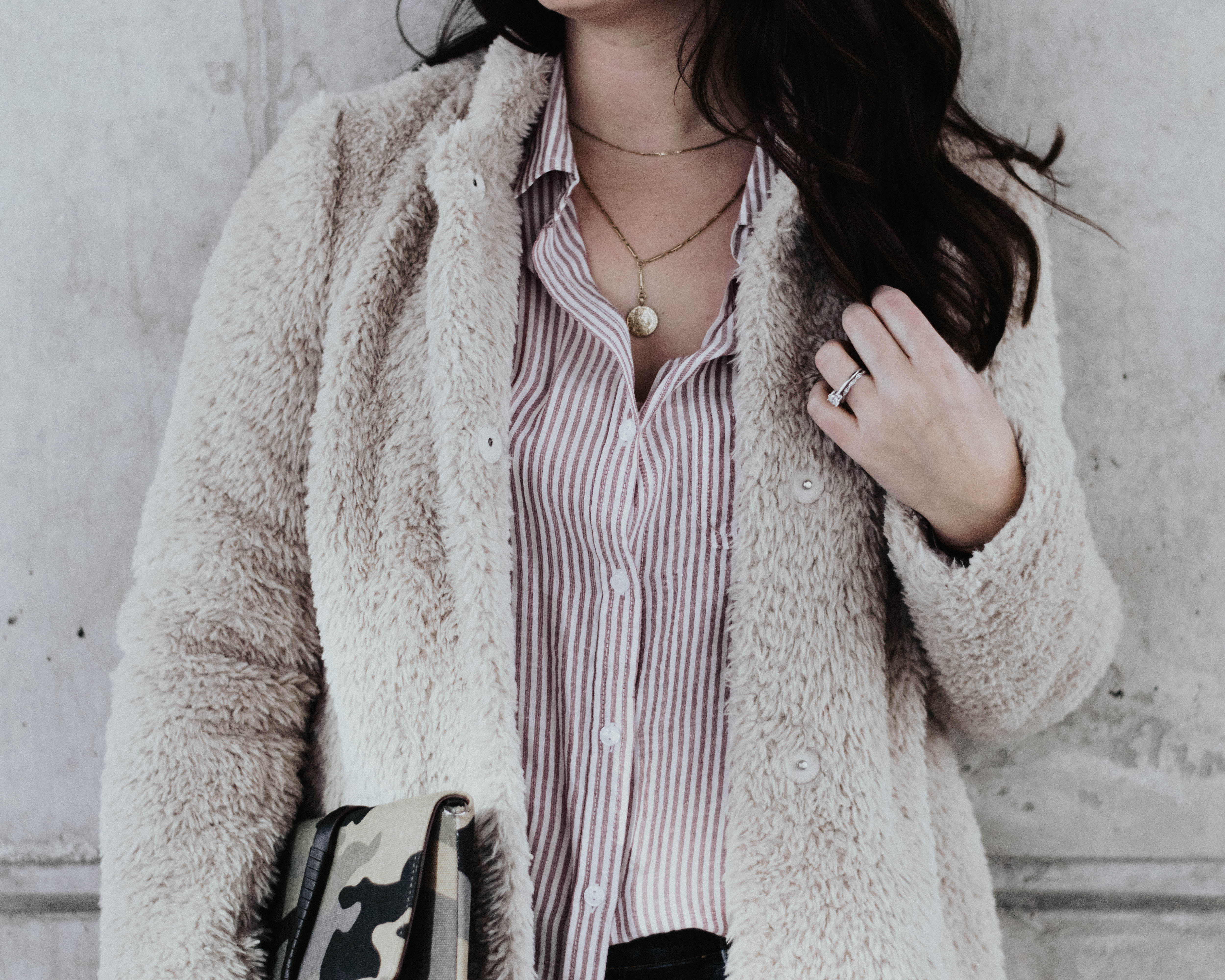 faux fur jacket - spring transition outfits