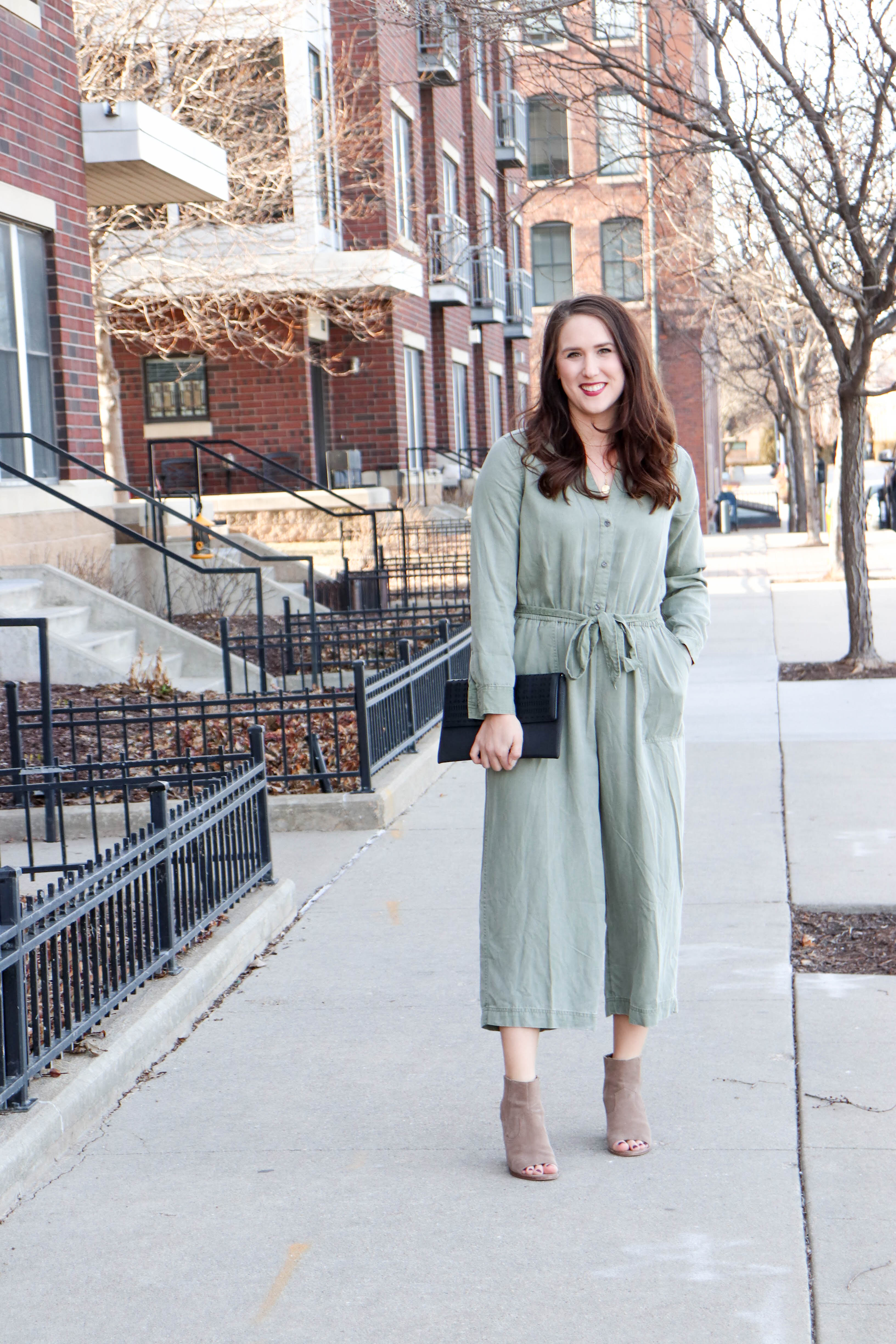 Olive green utility store jumpsuit